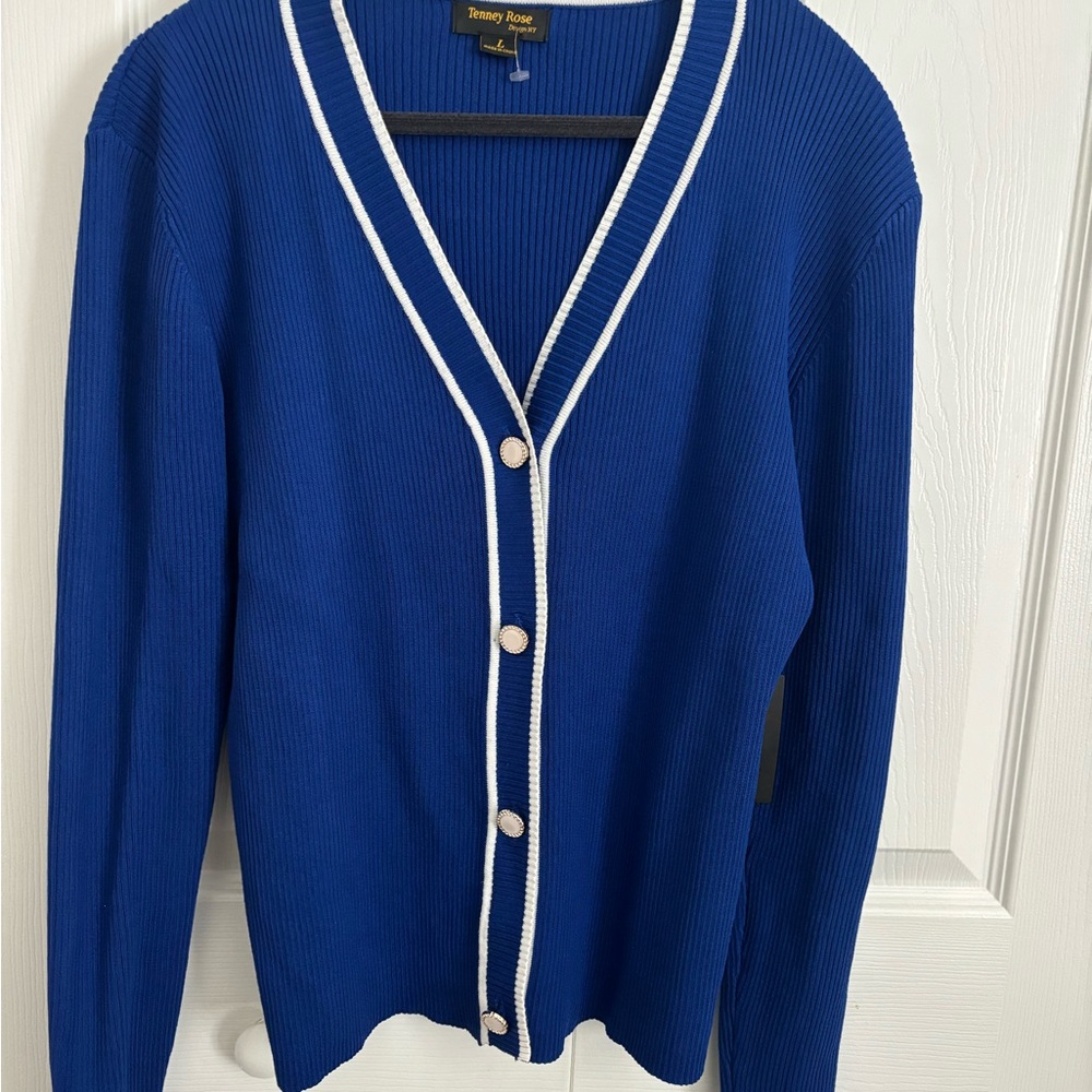 Women’s Blue Cardigan Sweater with White Trim